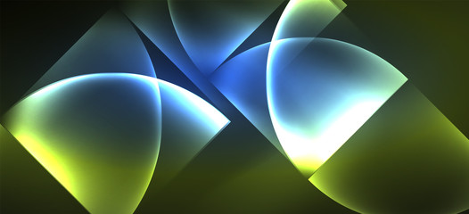 Techno glowing glass geometric shapes vector background, futuristic dark template with neon light effects and simple forms