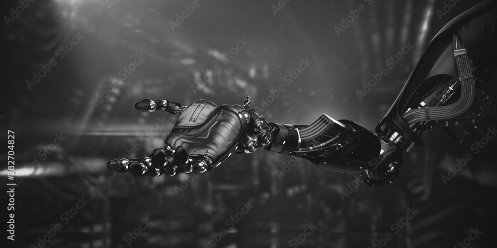Poster prosthetic robotic arm gesturing with open palm, 3d rendering on sci-fi background