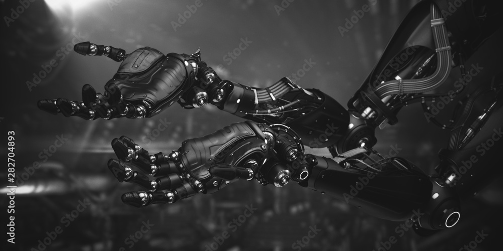 Poster pair of synthetic robotic arms gesturing with open palms, 3d rendering on sci-fi background