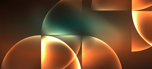 Techno glowing glass geometric shapes vector background, futuristic dark template with neon light effects and simple forms