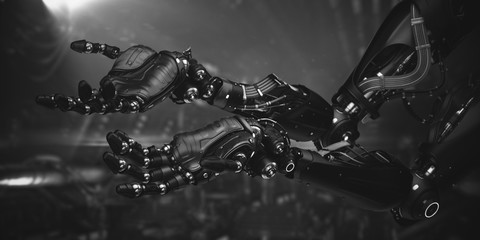 Pair of synthetic robotic arms gesturing with open palms, 3d rendering on sci-fi background