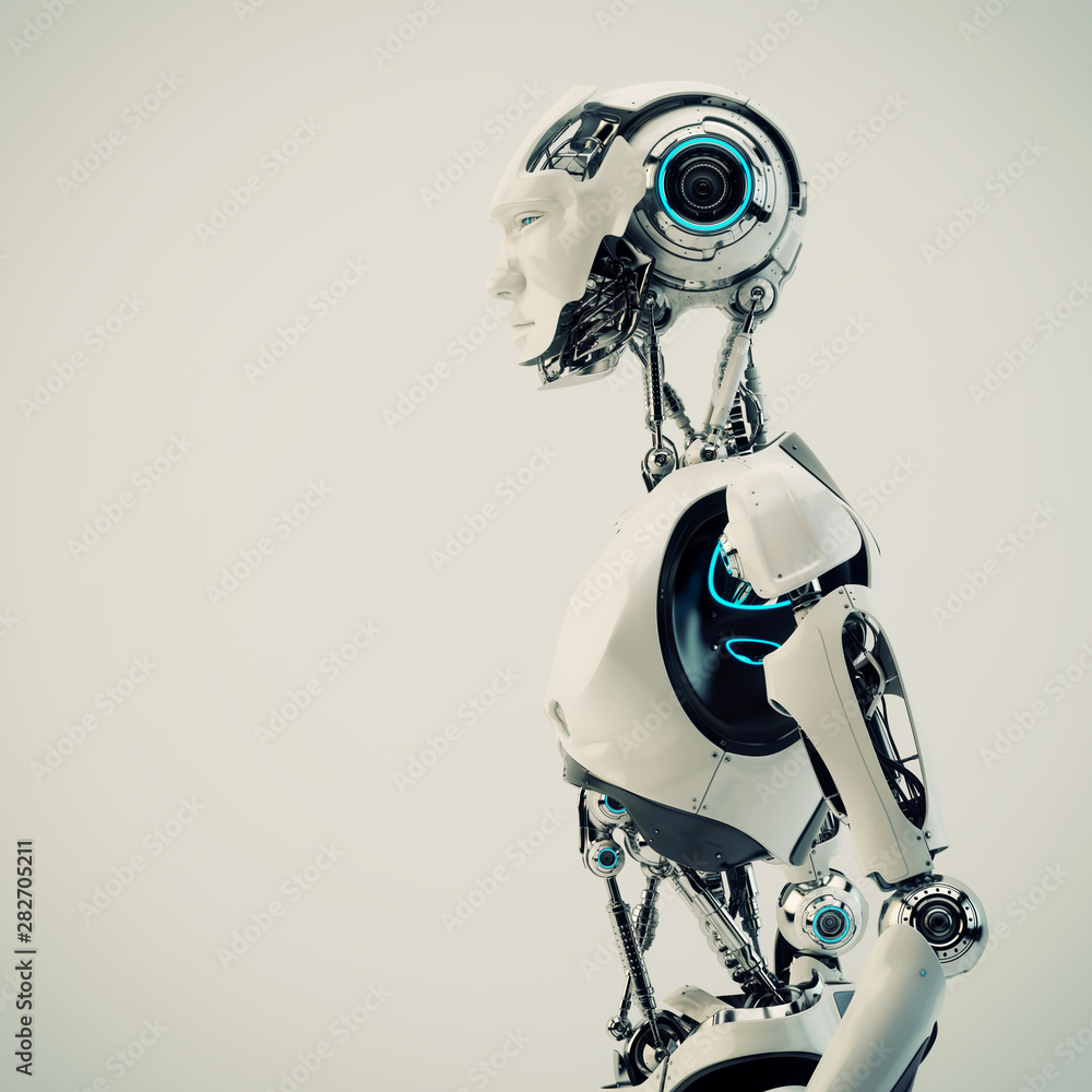 Poster smart handsome robot man torso with an open mechanical digestive system, 3d rendering