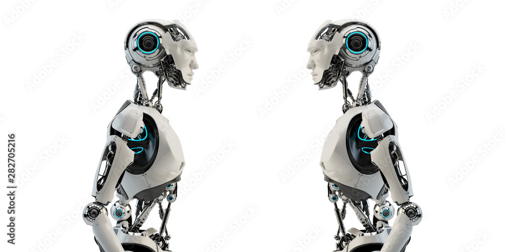 Aufkleber two sci-fi robot male with an open mechanical digestive system, 3d rendering in profile