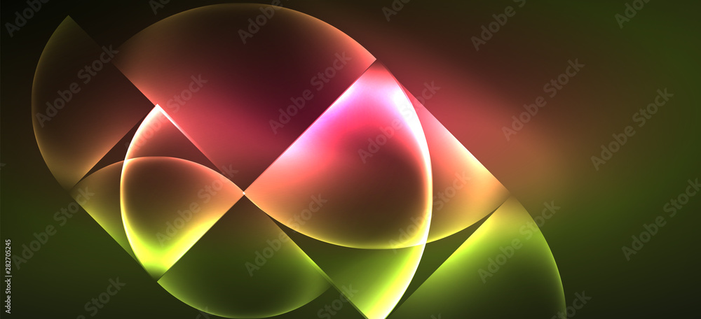 Fototapete techno glowing glass geometric shapes vector background, futuristic dark template with neon light ef