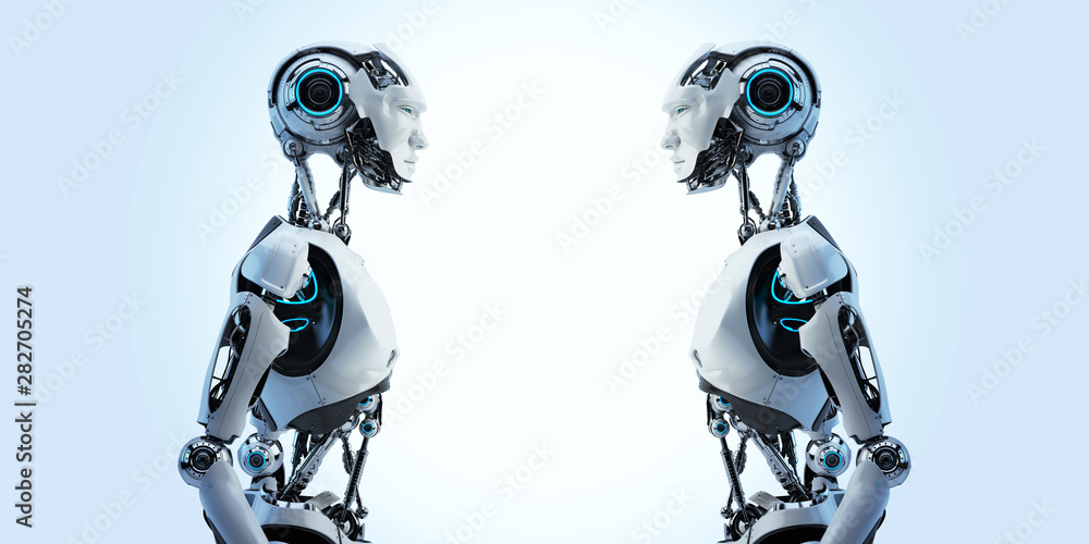 Poster two sci-fi robot male with an open mechanical digestive system, 3d rendering in profile