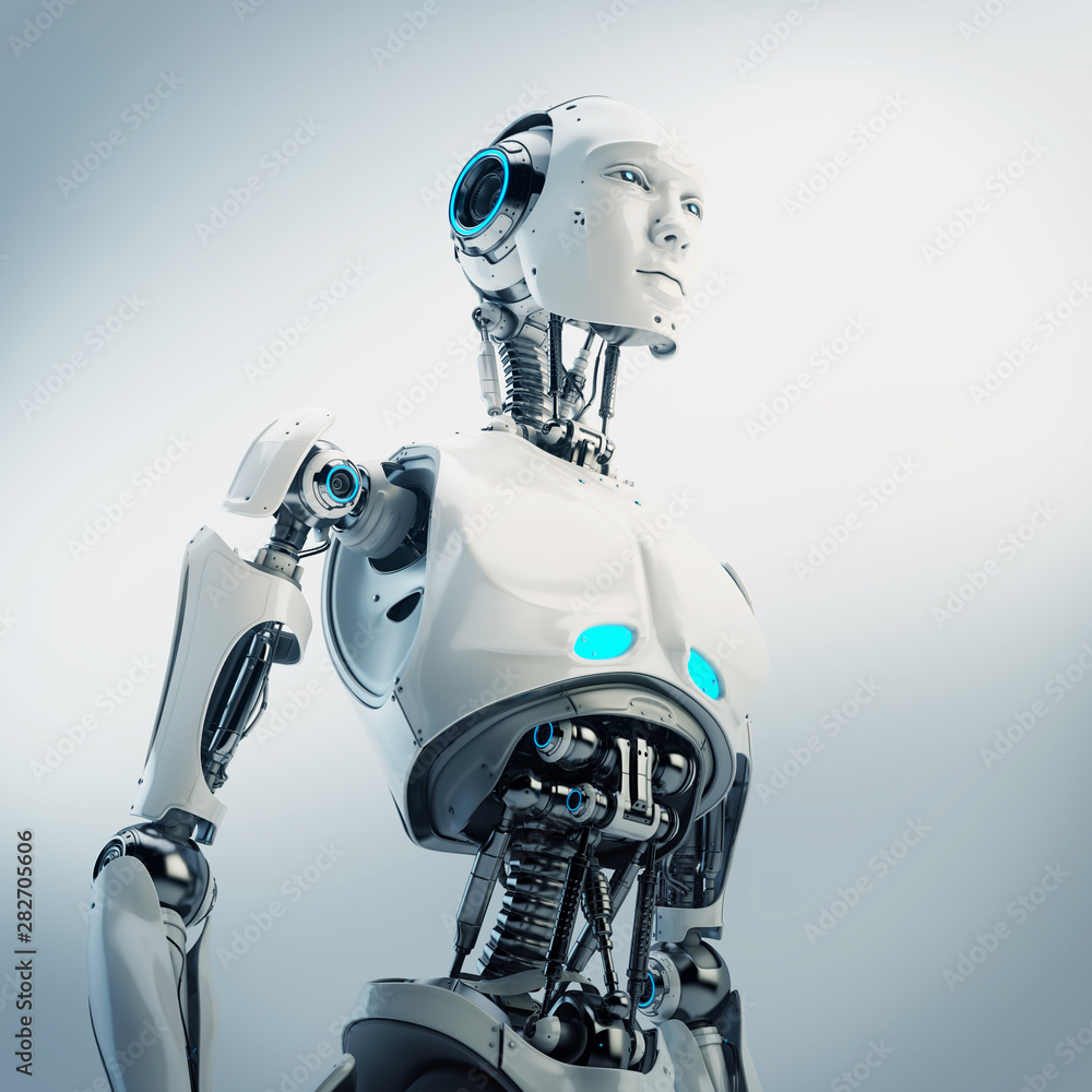 Aufkleber smart handsome robot male with an open mechanical digestive system, 3d rendering in profile
