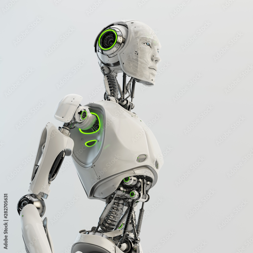 Poster smart handsome robot male with an open mechanical digestive system, 3d rendering in profile