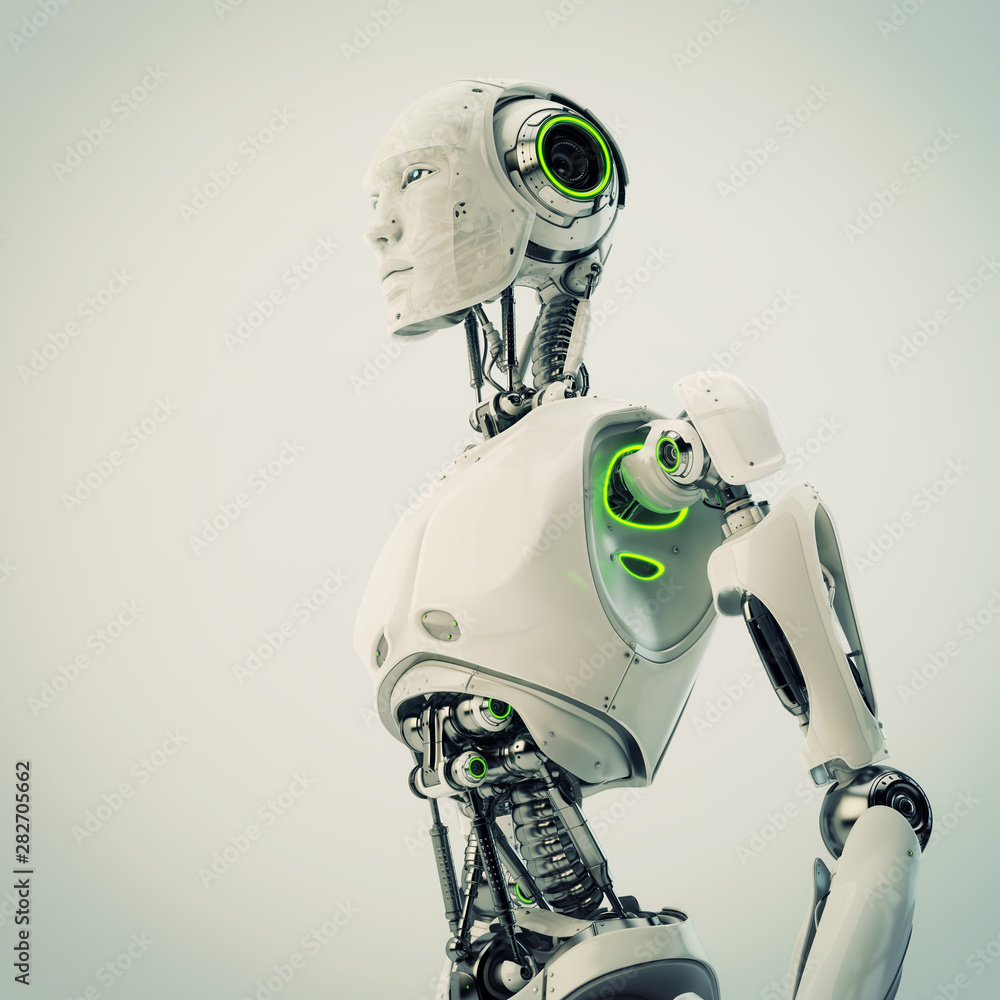 Aufkleber smart handsome robot male with an open mechanical digestive system, 3d rendering in profile