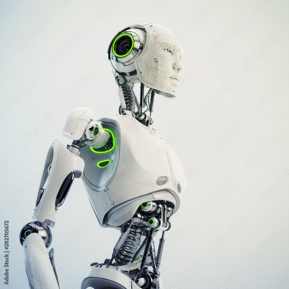 Aufkleber smart handsome robot male with an open mechanical digestive system, 3d rendering in profile