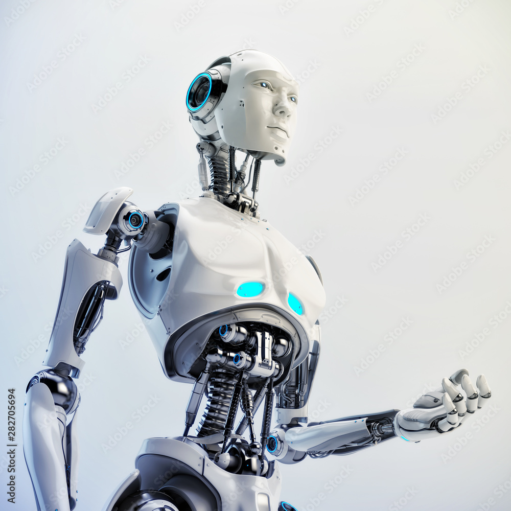 Poster smart handsome robot man torso with an open mechanical digestive system gesturing, 3d rendering