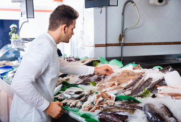 Guy in casual selecting cooled fish at fishery