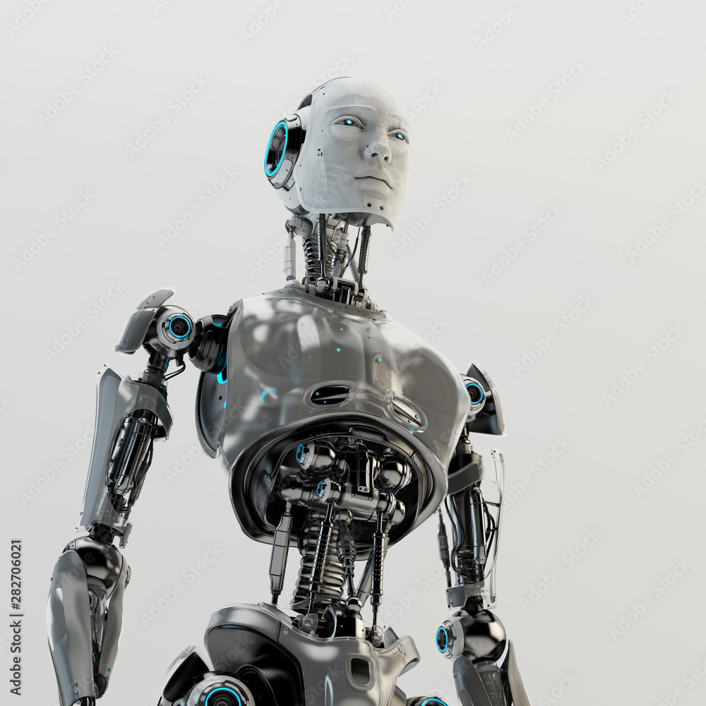 Poster smart handsome robot man torso with an open mechanical digestive system, 3d rendering