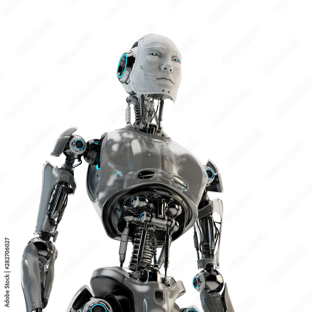 Aufkleber smart handsome robot man torso with an open mechanical digestive system, 3d rendering