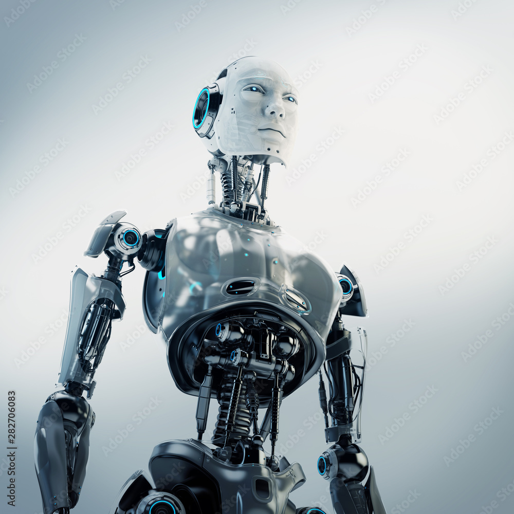 Aufkleber smart handsome robot man torso with an open mechanical digestive system, 3d rendering