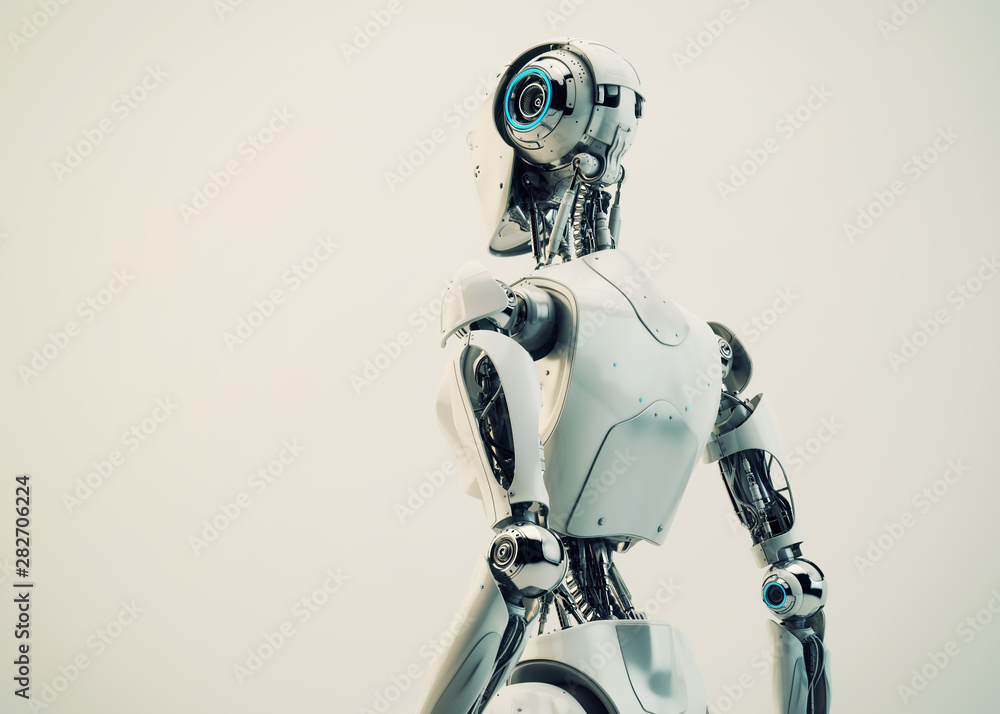 Poster smart handsome robot man torso backwards, 3d rendering