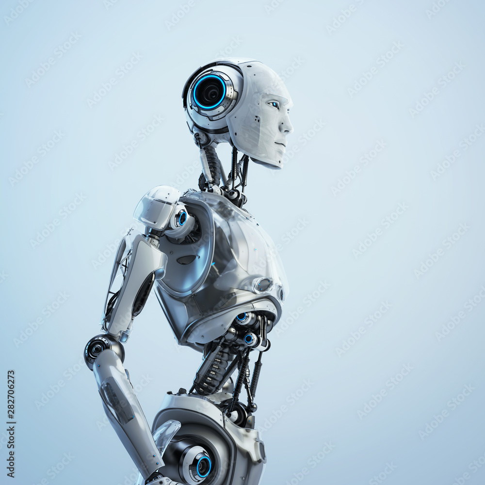 Poster smart handsome robot man torso with an open mechanical digestive system, 3d rendering