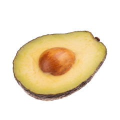 half of black avocado with stone isolated on white background