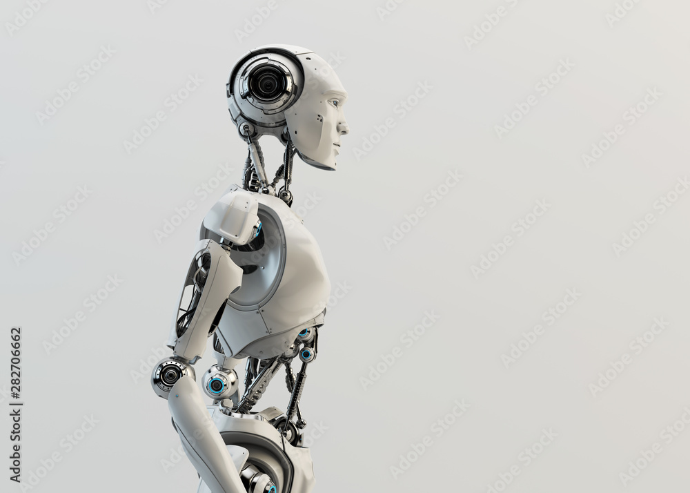 Poster smart handsome robot male with an open mechanical digestive system, 3d rendering in profile