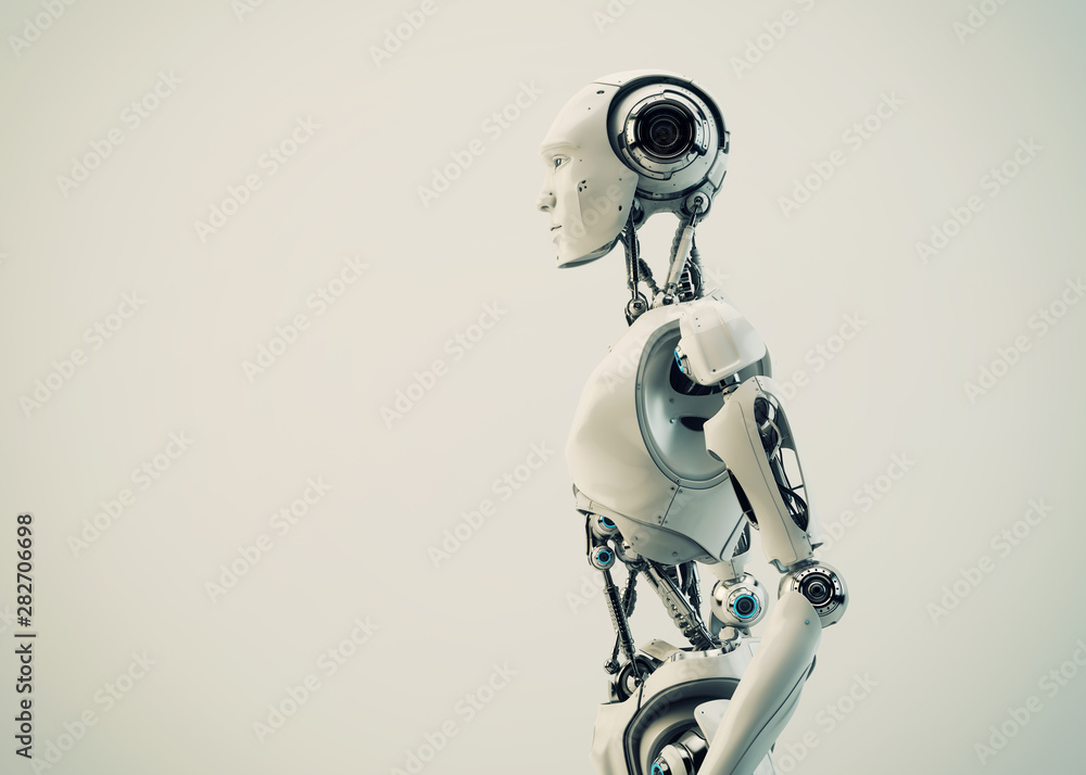 Poster smart handsome robot male with an open mechanical digestive system, 3d rendering in profile