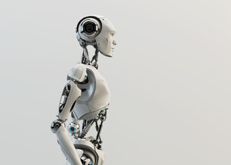 Smart handsome robot male with an open mechanical digestive system, 3d rendering in profile