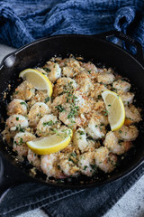 Shrimp Scampi With Fresh Lemons in Cast Iron Skillet
