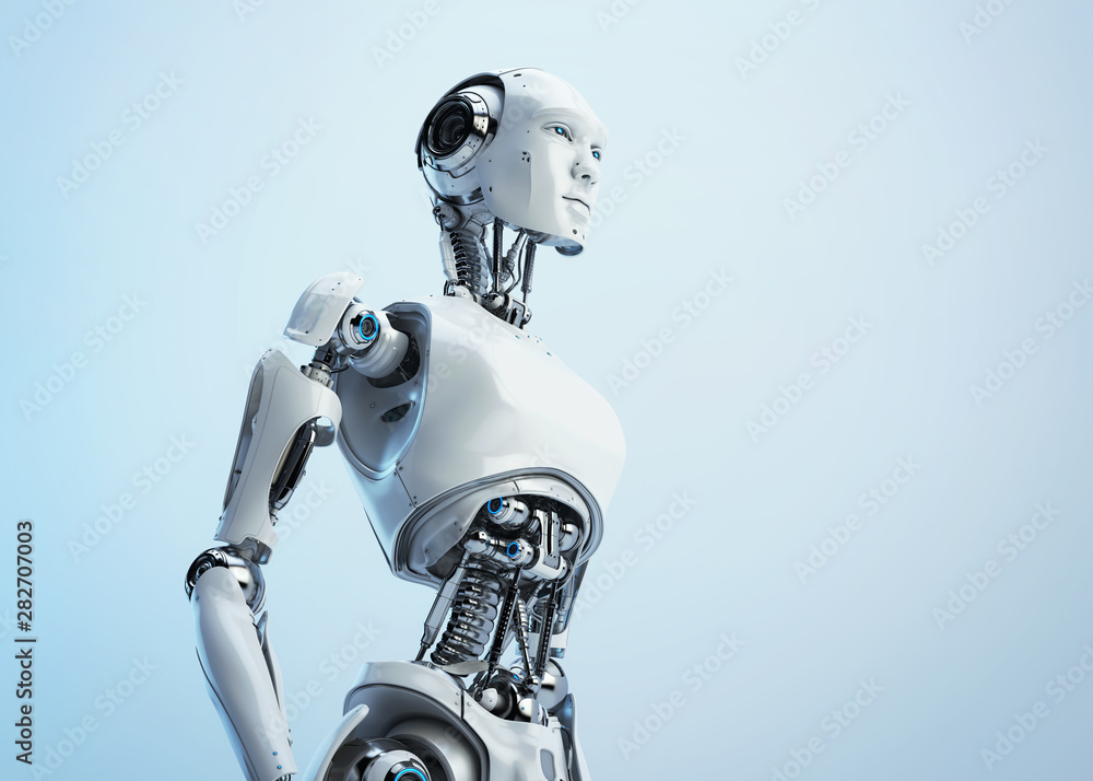 Poster smart handsome robot male with an open mechanical digestive system, 3d rendering in profile