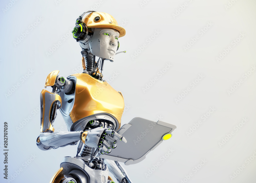 Poster serious robotic engineer in hardhat with sci-fi tablet, 3d rendering