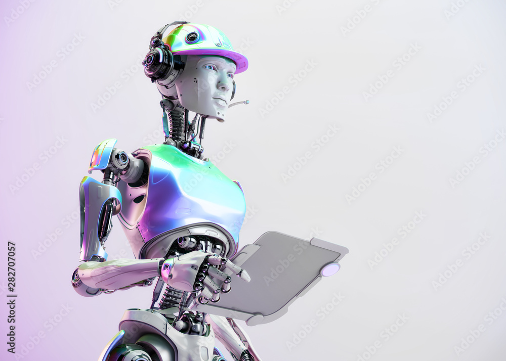 Poster serious robotic engineer in hardhat with sci-fi tablet, 3d rendering
