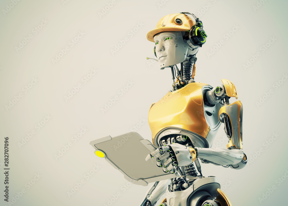 Poster serious robotic engineer in hardhat with sci-fi tablet, 3d rendering