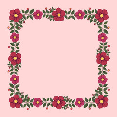 Floral greeting card and invitation template for wedding or birthday, Vector square shape of text box label and frame, Red and pink flowers wreath ivy style with branch and leaves.