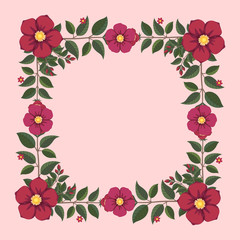 Floral greeting card and invitation template for wedding or birthday, Vector square shape of text box label and frame, Red and pink flowers wreath ivy style with branch and leaves.