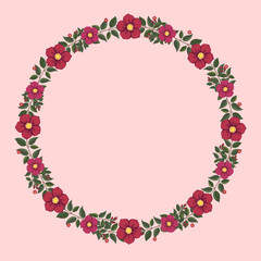 Floral greeting card and invitation template for wedding or birthday, Vector circle shape of text box label and frame, Red and pink flowers wreath ivy style with branch and leaves.