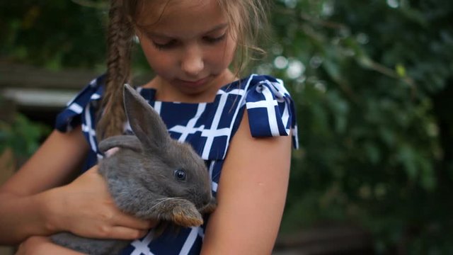 Cute schoolgirl holds in hands a gray rabbit. Girl with a pigtail rests with her grandmother in the village, summer vacation, happy childhood
