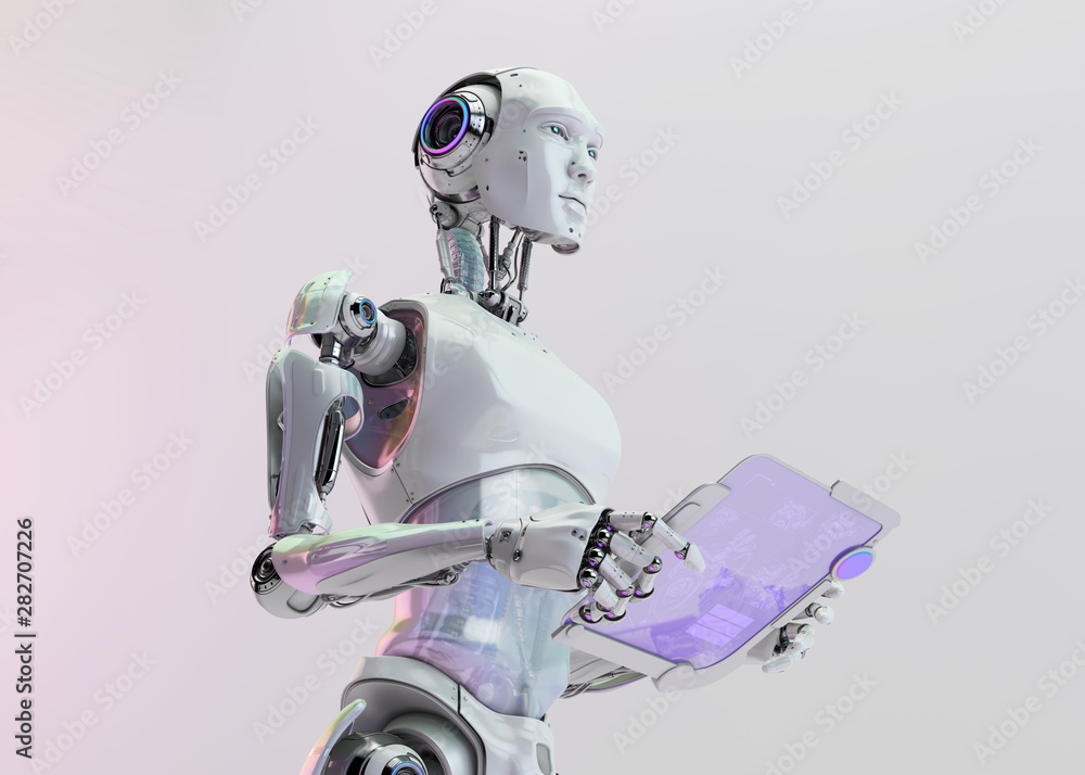 Poster robot doctor analyzing heart work with tablet, 3d rendering