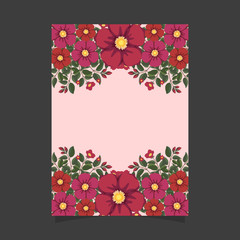 Common size of floral greeting card and invitation template for wedding or birthday anniversary, Red and pink flowers wreath ivy style with branch and leaves.