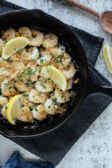 Shrimp Scampi With Fresh Lemons in Cast Iron Skillet