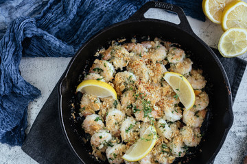 Shrimp Scampi With Fresh Lemons in Cast Iron Skillet