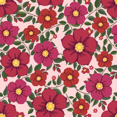 Floral vector artwork for apparel and fashion fabrics, Red and pink flowers wreath ivy style with branch and leaves. Seamless patterns background.