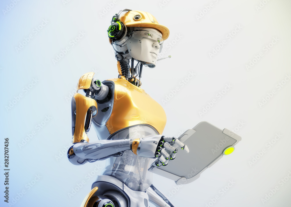 Poster serious robotic engineer in hardhat with sci-fi tablet, 3d rendering