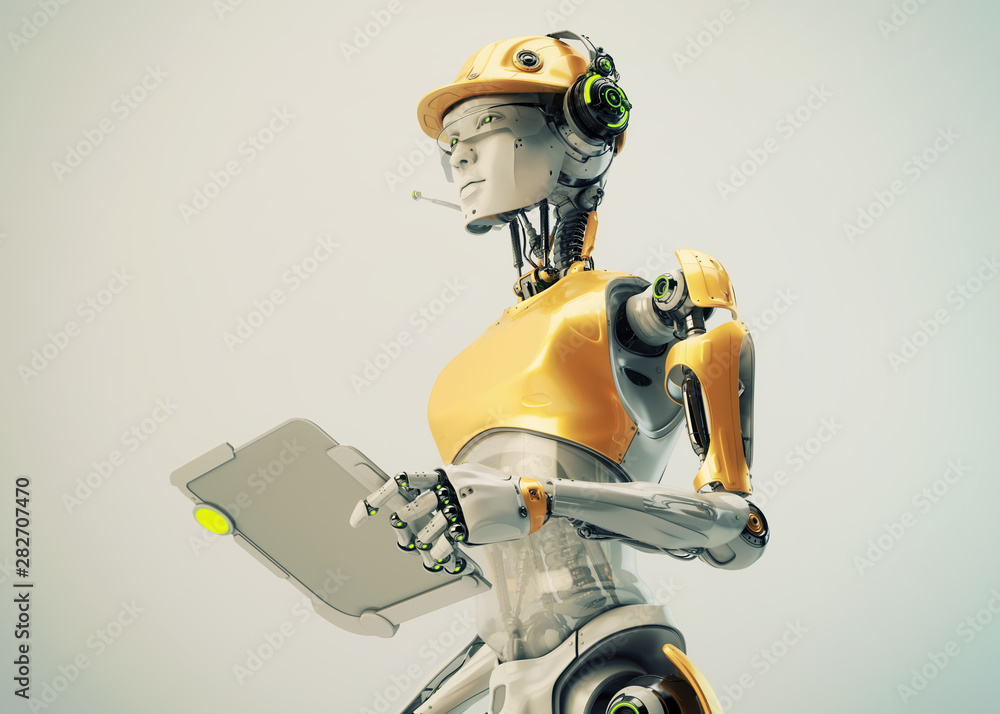 Poster serious robotic engineer in hardhat with sci-fi tablet, 3d rendering