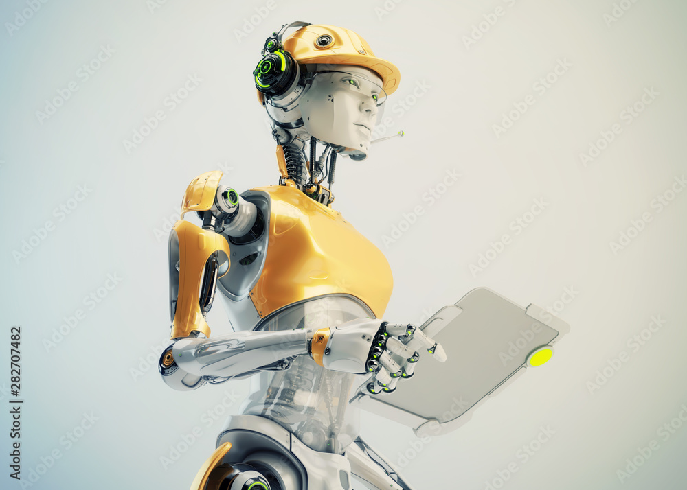 Poster serious robotic engineer in hardhat with sci-fi tablet, 3d rendering