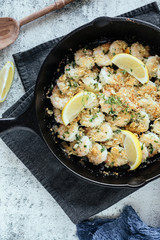 Shrimp Scampi With Fresh Lemons in Cast Iron Skillet