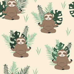 Seamless repeat pattern with a cute happy sloth meditating with green tropical leaves in the background.