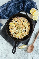 Shrimp Scampi With Fresh Lemons in Cast Iron Skillet