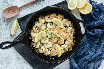 Shrimp Scampi With Fresh Lemons in Cast Iron Skillet