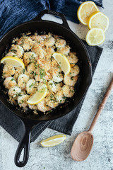 Shrimp Scampi With Fresh Lemons in Cast Iron Skillet