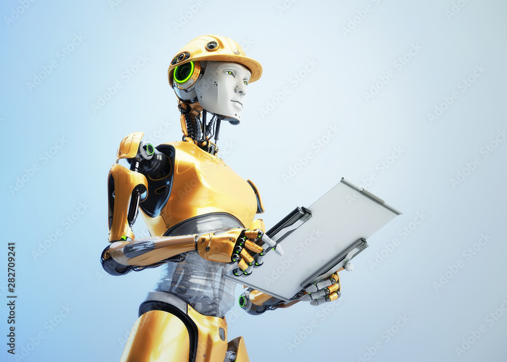 Poster serious robotic engineer in hardhat with scifi tablet, 3d rendering