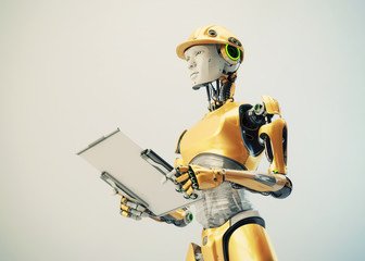Serious robotic engineer in hardhat with scifi tablet, 3d rendering