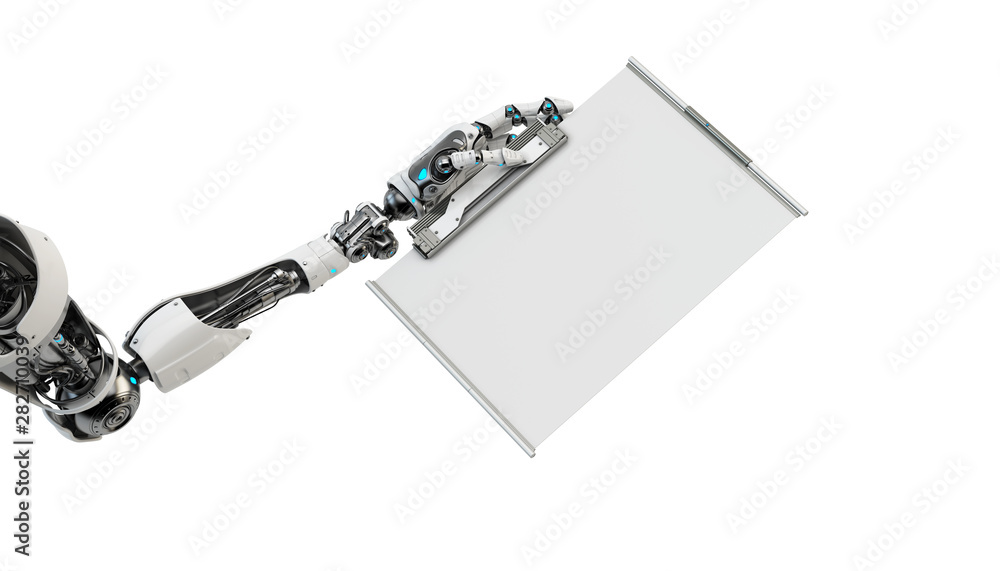 Poster artificial robotic arm holding blank sci-fi tablet, 3d rendering