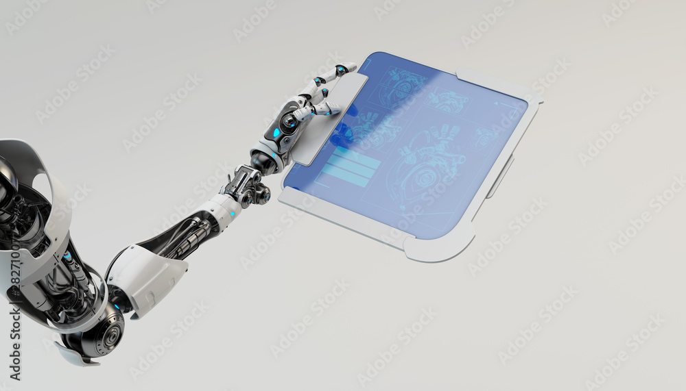 Poster artificial robotic arm holding sci-fi tablet with heart stats, 3d rendering